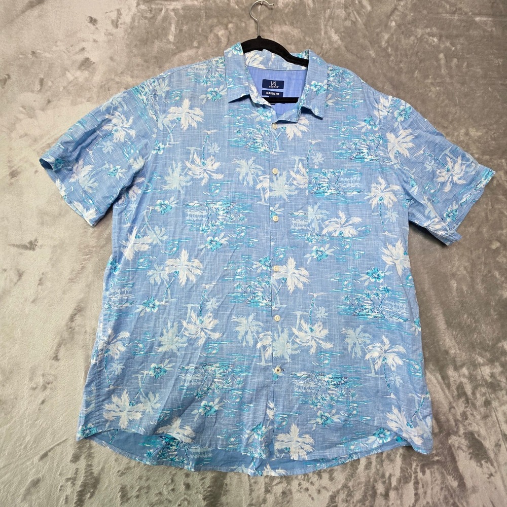 George Mens XL Blue Tropical Palm Tree Floral Cotton Button Down Shirt GM20Y032